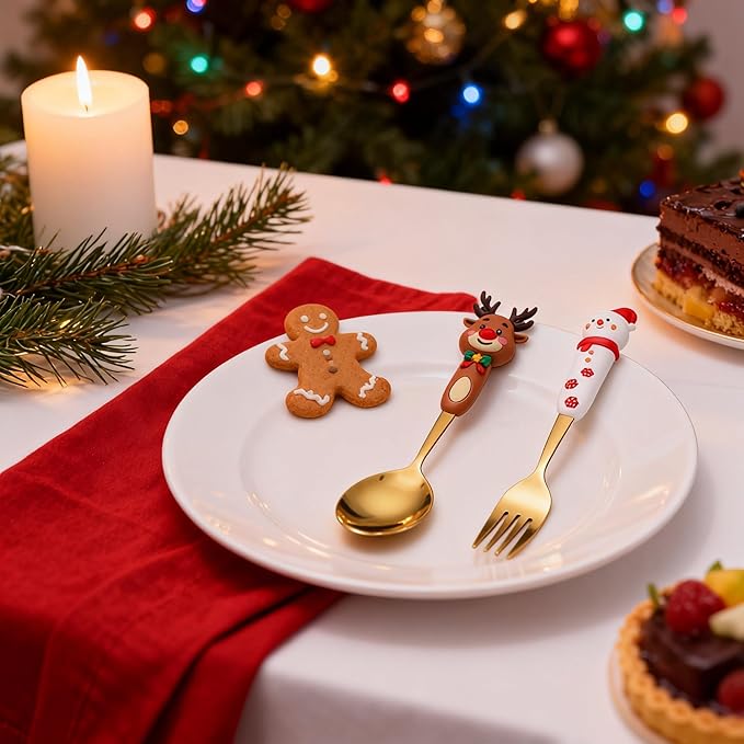 Christmas Cutlery Gift Set of 2 Pieces – Reindeer Spoon & Snowman Fork, Titanium Gold Stainless Steel with Greeting Card, Elegant Holiday Dining & Gift