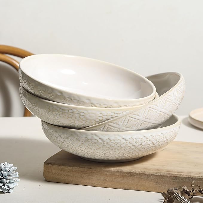 8 inch Pasta Bowls Set of 4, 22 Oz Ceramic Serving Bowls, Large Porcelain Embossed Soup Bowl, Serving Dishes for Pasta, Salad, Fruit, Oven & Dishwasher Safe, Housewarming Wedding Present