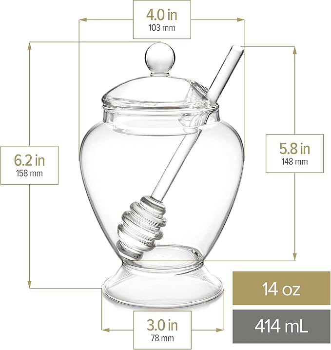 Teabloom Pure Bliss Honey Jar with Dipper and Lid - Hand-crafted with Highly Hygienic, Non-Porous Borosilicate Glass (14 oz)