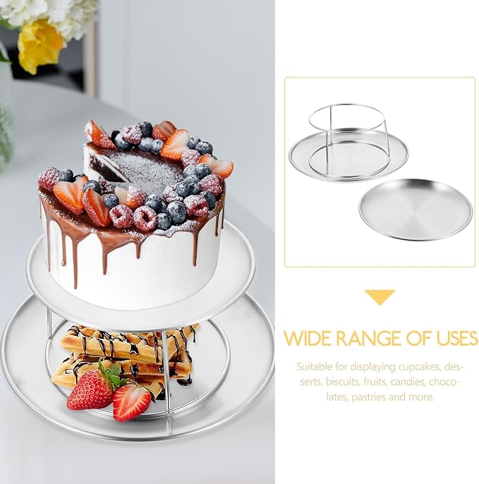 UPKOCH 2 Tier Stainless Steel Serving Tray Set, Metal Cupcake Stand & Seafood Platter for Party, Silver Round Dessert Display Plates for Afternoon Tea, Baby Shower