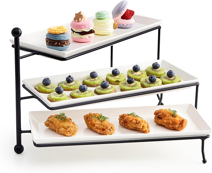 Sweese 3 Tiered Serving Stand, Foldable Rectangular Food Display Stand with White Porcelain Platters - Serving Trays, Dessert Display Server for Brithday Party, Valentine's Day and Events