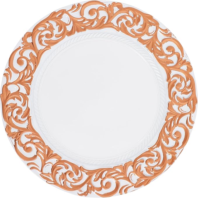 50 Pcs Antique Charger Plates Bulk 13" Round Floral Chargers for Dinner Plates, White Charger Plates for Wedding, Party, Elegant Tabletop Decor (White+Rose Gold)