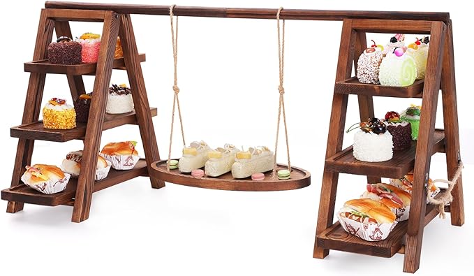 3-Tier Wooden Cupcake & Dessert Display Stand with Swing Frame – Rustic Torch-Finished Pine, Extra Wide 5.1" Trays, Pre-Assembled with Anti-Slip Pads, Party & Wedding Cake Holder