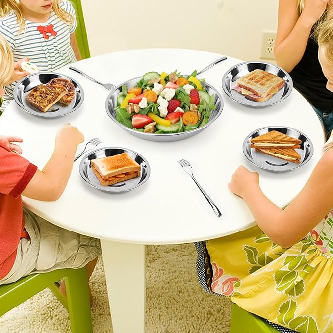 8 Patterned Deep Stainless Steel Plates, 7.8 inch 304(18/8) Metal Camping Plate, Reusable Food Serving Snack Eating Dishes Round Shatterproof Silver BBQ Dinner Dinnerware Oven Dishwasher Safe