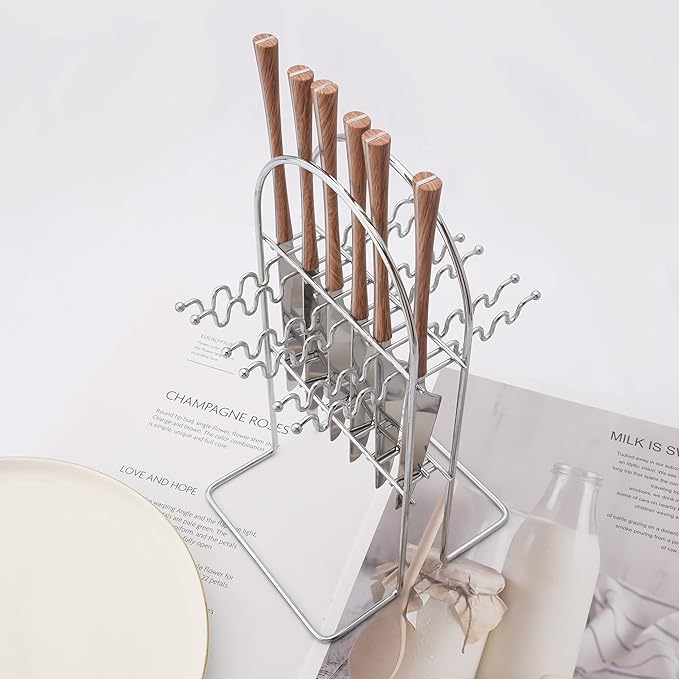 25 PCS Silverware Set with Storage Holder - Family Flatware Set Service for 6 - Silver Stainless Steel Cutlery Set with Wood Grain Handle - Tableware Utensils Set with Hanging Rack - Mirror Polished