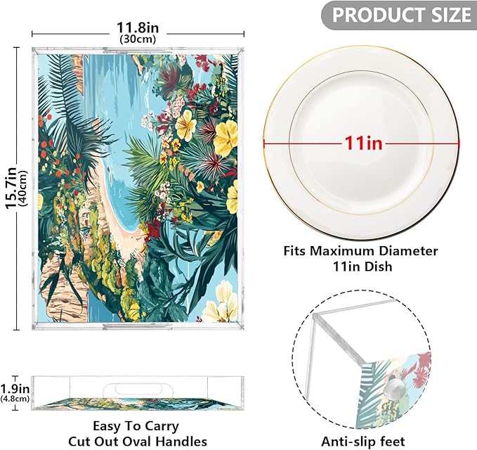 Serving Tray with Handles Clear Acrylic Tray 12x16 Inch Decorative Rectangular Tray Organizer for Ottoman Coffee Table Bathroom Coastline Hibiscus