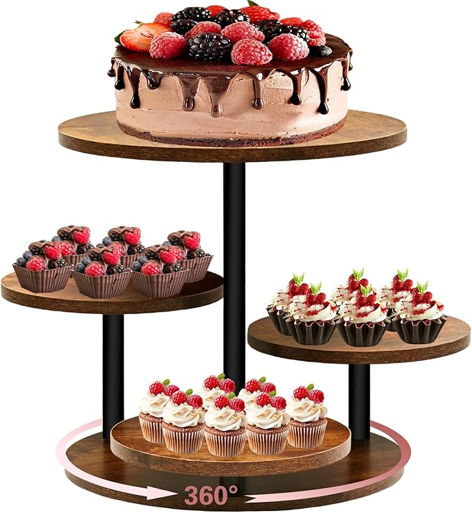 4 Tier Cupcake Tower Stands for 50 Cupcakes,360° Rotatable Round Cup Cake Stand with Tiered Tray,Farmhouse Wooden Dessert Table Display Stands for Wedding Birthday Baby Shower Tea Party