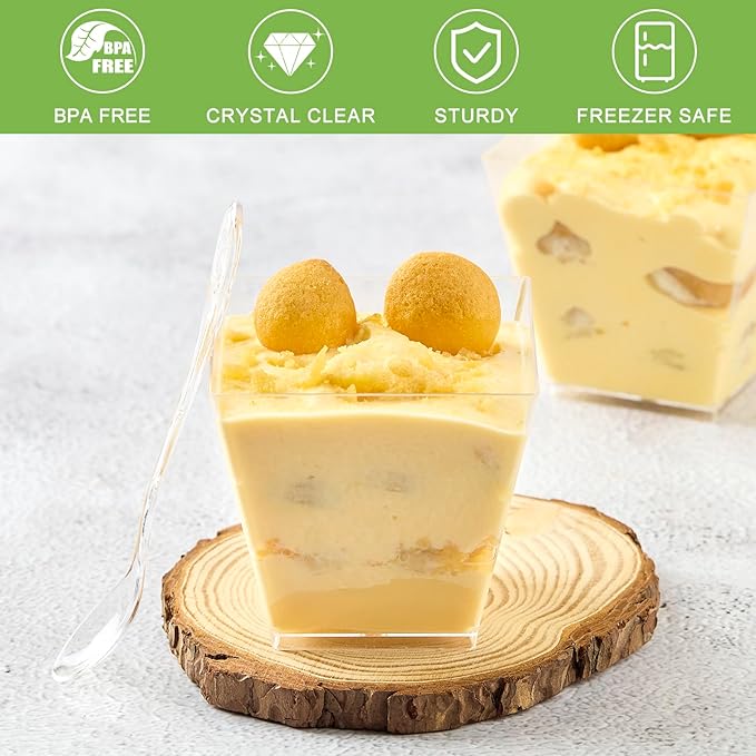 Zezzxu 7 oz Square Mini Dessert Cups with Spoons - 50 Pack Plastic Pudding & Parfait Cups Party Dessert Shooters for Serving Trifle Mousse Cake Appetizer Fruit