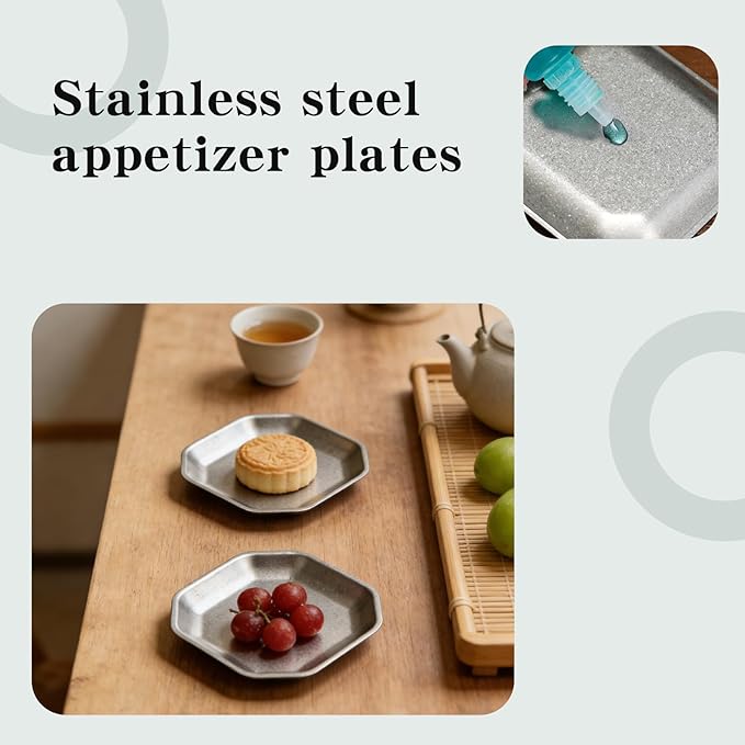 Stainless steel appetizer plates, thickened silver square platters 5.9x5.9 inches, for appetizers, sushi, desserts, fruits, and snack bites, 4-piece set