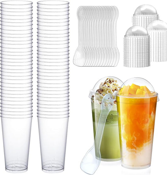100Pcs 3oz Mini Dessert Cups with Lids and Spoons Clear Plastic Disposable Parfait Cups, Small Serving Bowl for Christmas Party Appetizers, Catering, Wedding, Dessert Shops(300pcs in total)
