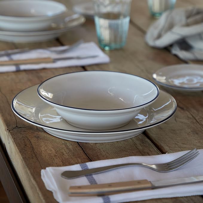 Costa Nova Ceramic Stoneware 8'' Soup Pasta Plate - Beja Collection, White & Blue | Microwave & Dishwasher Safe Dinnerware | Food Safe Glazing | Restaurant Quality Tableware