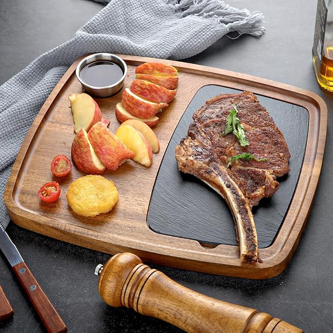 Acacia Wood Serving Plate with Sauce Cup & Removable Slate Insert for Meat Sausages Cheese, Steak Serving Tray Cutting Board Serving Platter Cheese Platter Perfect for Housewarming Christmas
