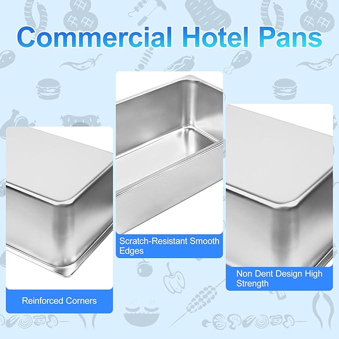 6 Pack Full Size Steam Table Pans,Stainless Steel Hotel Pan,1/1 6 Inch Deep Anti Jam Commercial Table Pan,20.8" L x 13" W Catering Pans Food Pans for Hotels, Restaurants and Home Use
