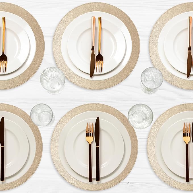 Morgan Faux Leather Set of 12 Placemats, 15" Round, Champagne, Heat Resistant, Stain Resistant, Non-Slip, Reversible, Durable Table Mats for Kitchen, Dining Table, Indoor Washable Use