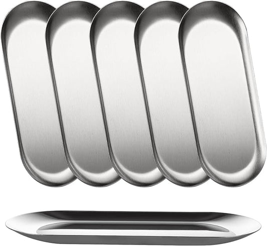 6PCS Stainless Steel Serving Tray Set Small Metal Trays Decorative Silver Platters for Serving Food Party 9" Long Plate Oval Storage Trays Thickened Serving Dishes for Entertaining Sushi Snack