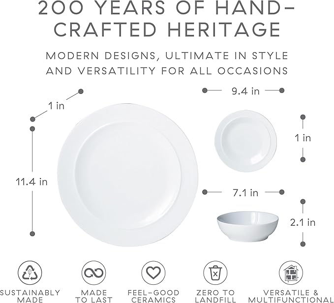 Denby - White By Denby Dinner Set For 4-12 Piece Tableware Set - Fine Porcelain Dinnerware Set - Dishwasher Microwave Oven Safe, Scratch Resistant - 4 x Dinner Plates, Small Plates & Cereal Bowls