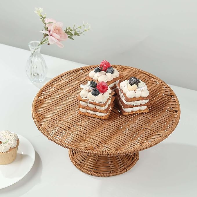 Efavormart Natural Plastic Rattan Wicker Pedestal Cake Stand, Round Rustic Cupcake Holder Dessert Table Display Centerpiece - 12"