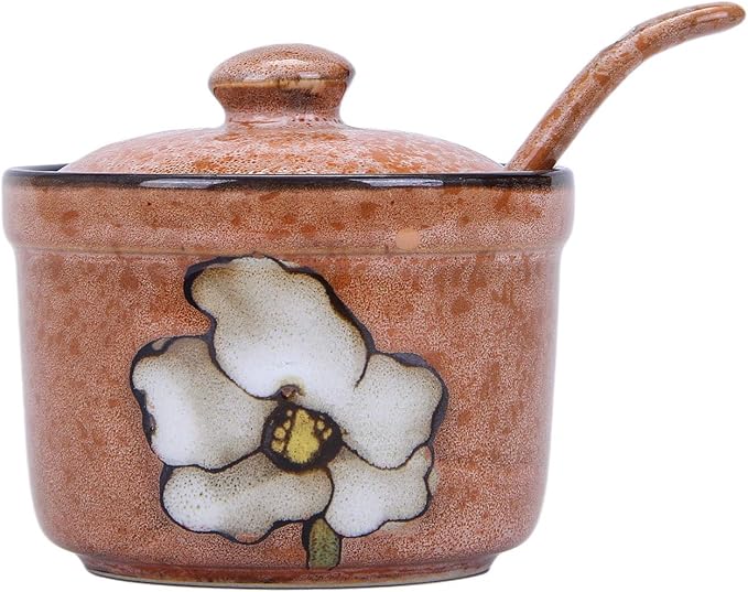 VanEnjoy Traditional China Retro Hand Painted Flower Ceramic Round Sugar Spice Containers Porcelain Jar with Spoon Round Condiment