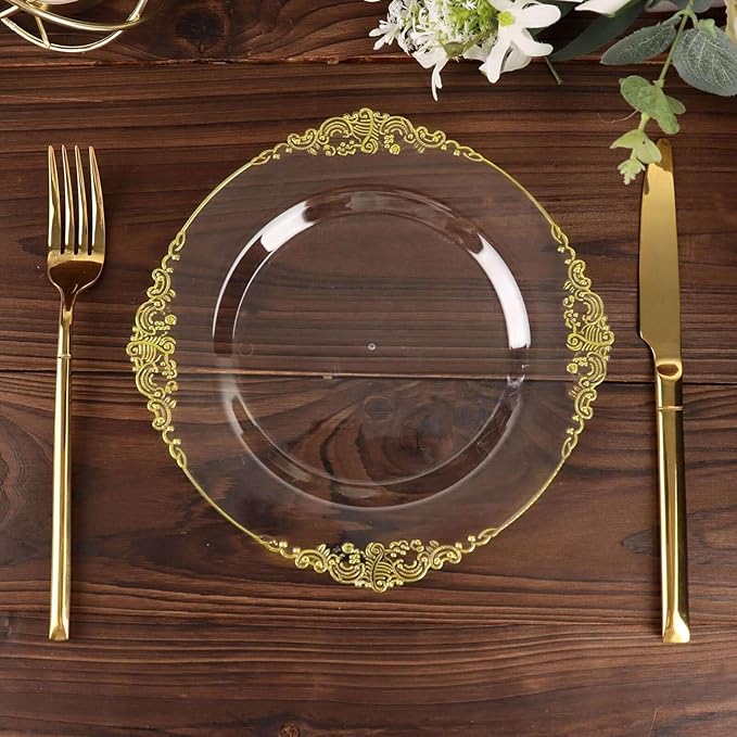 8" Salad Plates -Set of 30 - Plastic Clear Gold Round Baroque Disposable Chargers Leaf Embossed Rim, Ideal for Dinner Party Wedding Bulk Events