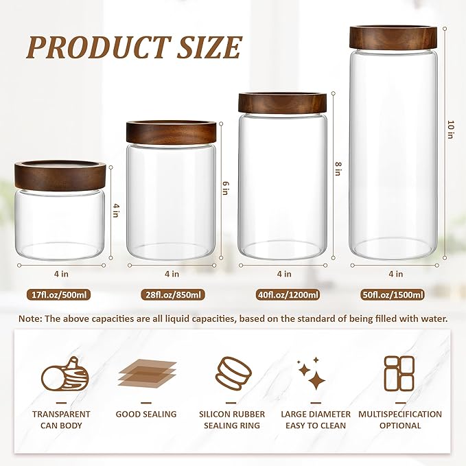 40 oz/1200 ml Clear Glass Storage Canister with Airtight Wooden Screw Lid, Large Tall Cute Decorative Glass Food Container Jar for Coffee,Spice,Candy,Salt,Cookie,Condiment,Pepper,Sugar,Pasta