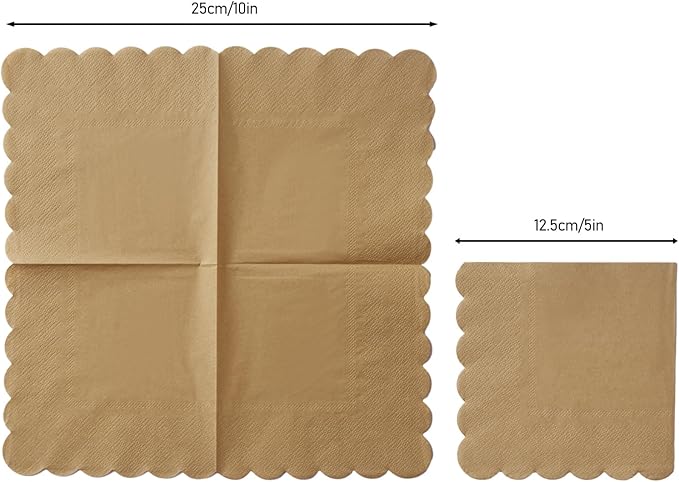 200 Pack Cocktail Napkin 2-Ply Scalloped Edged Dessert Napkins Folded 5 x 5 Inches Disposable Napkins for Dinner Wedding Birthday Party Bridal Anniversary Reception Event (Brown)