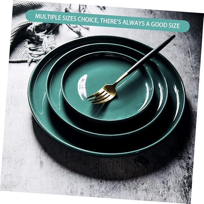 KICHOUSE Dark Green Ceramic Steak Plate 8 Inch Round Food Serving Plate Microwave Safe Tableware for Western Cuisine for Dinner Parties and Everyday Use