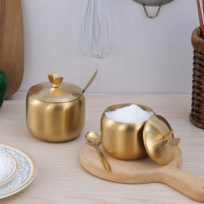 12oz Sugar Bowl with Lid and Spoon Stainless Steel Condiment Container for Kitchen Ghee Container Coffee Table Gold Spice Jars for Seasoning