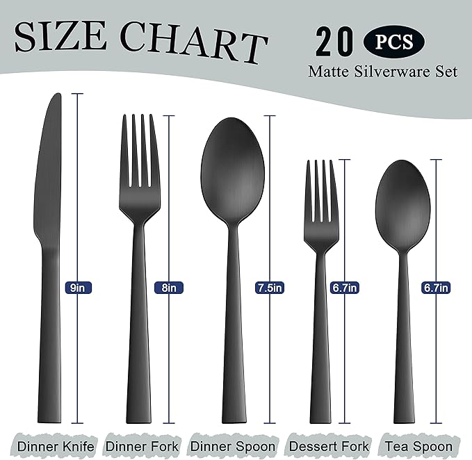 Herogo 20-Piece Matte Black Silverware Set for 4, Stainless Steel Square Flatware Cutlery Set, Tableware Eating Utensils Include Knife Spoon Fork, Satin Finish, Dishwasher Safe