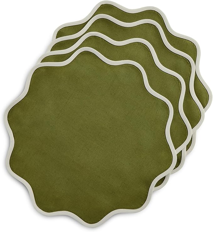 Solino Home Linen Cloth Placemats Set of 4-100% Pure Linen Ivory and Avocado Round Placemats 16 Inch for Christmas, New Year - Giselle Scallop Edge, Handcrafted and Machine Washable