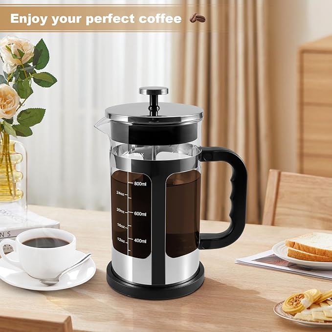 French Press Coffee Tea Maker， Upgrade Heat Cold Resistant Thickened Glass with 4 Level Stainless Steel Filtration System Brew Coffee & Tea， BPA Free, Large 1000ml 34oz, (Silver)