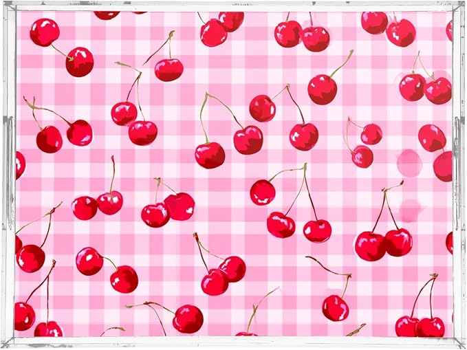 Serving Tray with Handles Clear Acrylic Tray 12x16 Inch Decorative Rectangular Tray Organizer for Ottoman Coffee Table Bathroom Pink Juicy Checkered Cherry