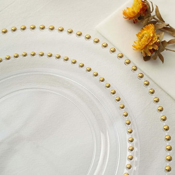 10" Dinner Plates - Set of 30 - Plastic Clear/Gold Round Disposable Plate Beaded Rim, Ideal for Decoration Party Wedding Bulk Events