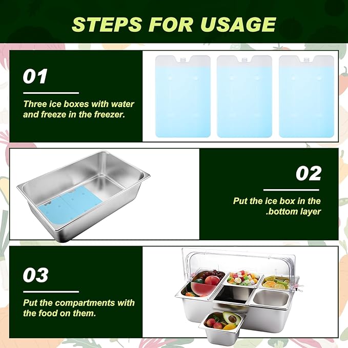 Tessco for you 16 Pcs Ice Food Spice Serving Display Countertop Chilled Condiment Container Set with Lid, Stainless Steel Salad Cold Caddy for Buffet Restaurant Kitchen Party(5 Compartments)
