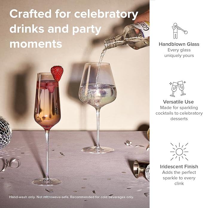 mopio Enchant Champagne Glass Flutes Set of 4, 10.5 oz, Stylish and Elegant Barware for Wedding, Party and Brunch, Colorful Drinkware Gifts in Eco-Friendly Packaging, Soda-Lime Glass (Iridescent)