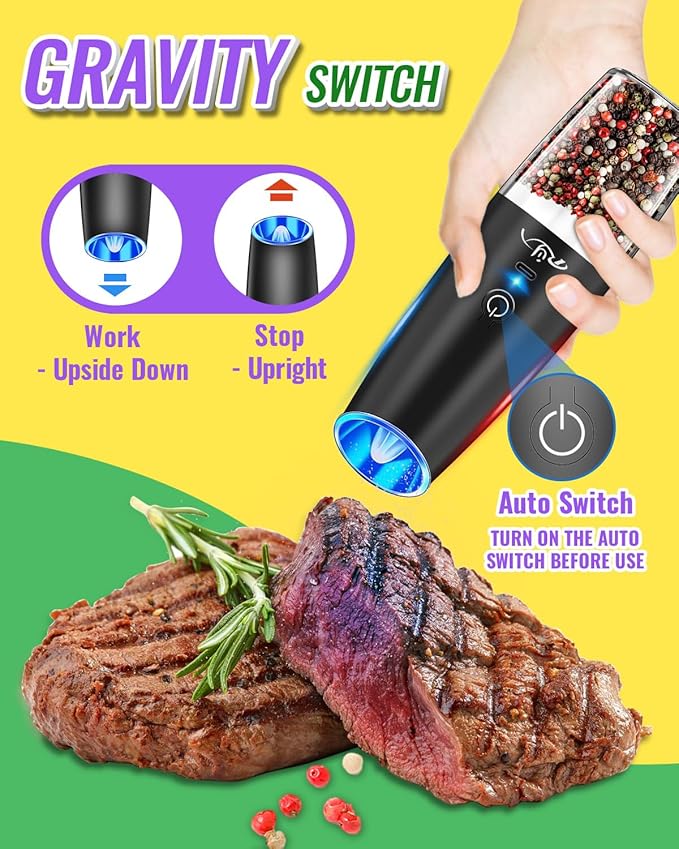 XinXu Upgraded Rechargeable Gravity Electric Pepper and Salt Grinder Set with LED lights,Stainless Steel Automatic Pepper or Salt Grinder Mill Shaker Refillable with Adjustable Coarseness,(Black)