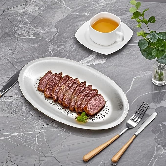 SANQIAHOME 9.9x6.1 Inch Thick Stainless Steel Dinner Plate 2-Piece Set, Egg-Shaped Appetizer Plate,Silver