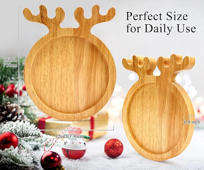 Renawe Christmas Decor Wood Tray 15"x12" Large Round Serving Platters Wooden Charcuterie Board Xmas Dinner Plate Dish Cookies Trays Cheese Board Charger Plates for Christmas Holiday Dessert Platter