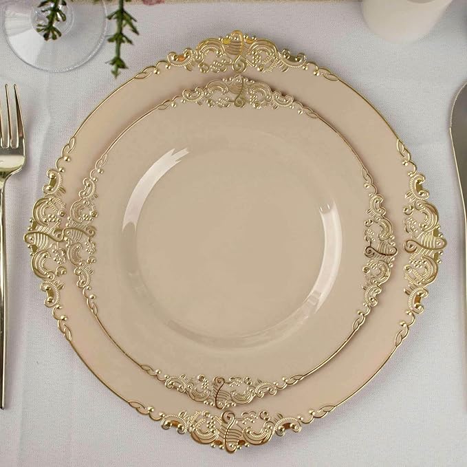 8" Salad Plates -Set of 30 - Plastic Taupe Round Baroque Disposable Chargers Leaf Embossed Rim, Ideal for Dinner Party Wedding Bulk Events