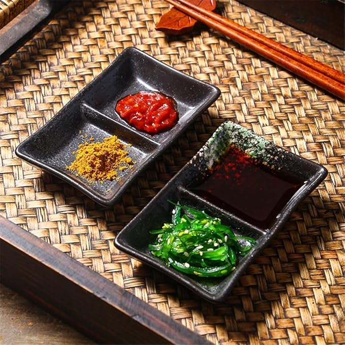 Appetizer Plates Double-grid Ceramic Soy Sauce Plate Barbecue Seasoning Dipping Dish Divide Sushi Meals Dishes for Condiment(Black)