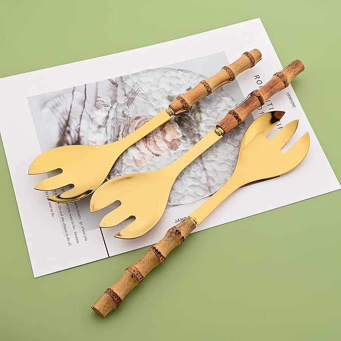 Serving Fork Set of 4 - Gold Stainless Steel Platters Forks - 10.0 inch Large Salad Forks with Natural Bamboo Handle - Use for Buffet/Banquet/Home/Kitchen/Party