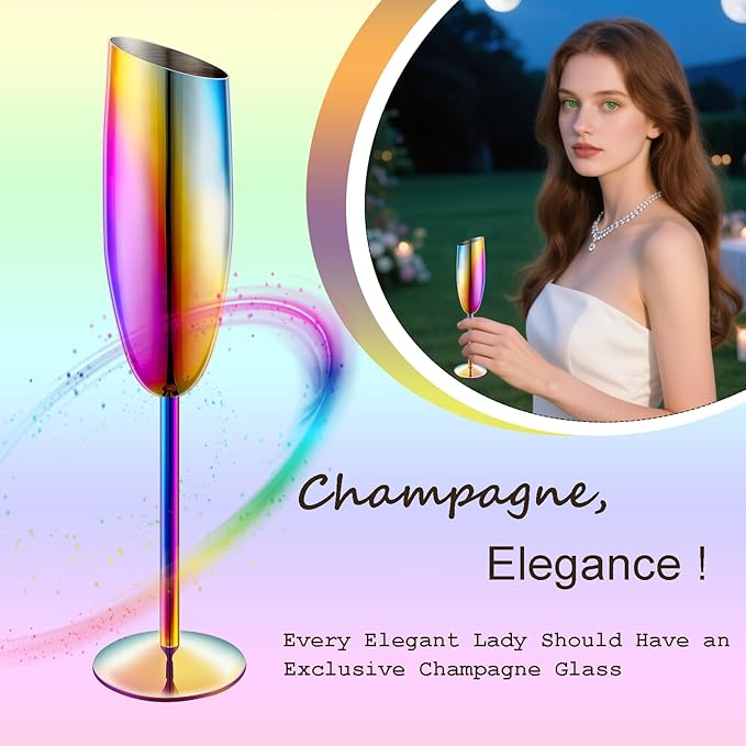 Champagne Flutes Set of 2, Premiumty Stainless Steel High Footed Champagne Glasses, 7oz Capacity,Unbreakable Slanted Champagne Glasses