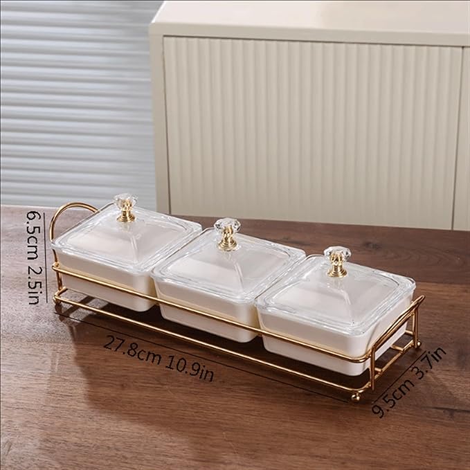 Divided Spice Plate with Lid, Metal Tray, Removable Compartment, Dipping Bowls for Appetizers, Fruit, Ice Cream, Sweets, Nuts, Snacks, Chips, Dip Bowls, Ceramic Sauce Plates (Colour: B)