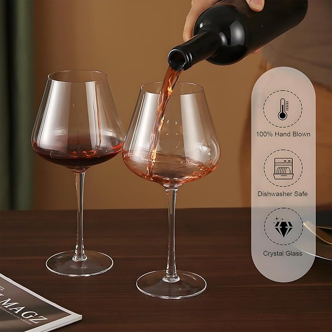 Set of 4 Burgundy Wine Glasses, 23 Ounce Hand Blown Crystal Red Wine Glass, Gift-Box for any Occasion, Italian Style, Lead-Free Premium Crystal Clear Glass