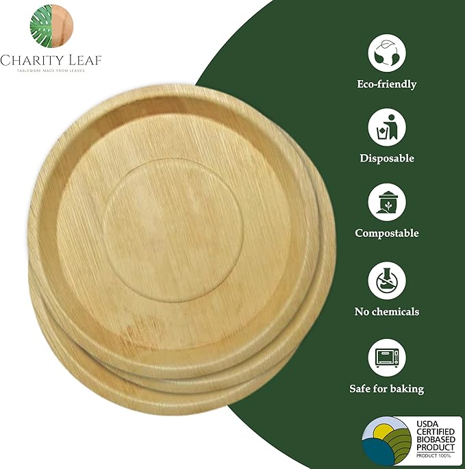 Charity Leaf Disposable Palm Leaf 13" Deep Round Trays (25 pieces) Bamboo Like Serving Platters, Disposable Boards, Eco-Friendly Dinnerware For Weddings, Catering, Events