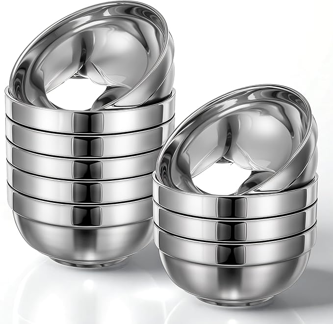 Giantree 10 Pack Stainless Steel Bowls 5 Inch Snacks Bowl, 15 Oz Soup Bowl Salad Bowls Lightweight Kids Bowls Double-walled Metal Serving Dishes for Sauces, Rice, Noodle, Ice Cream