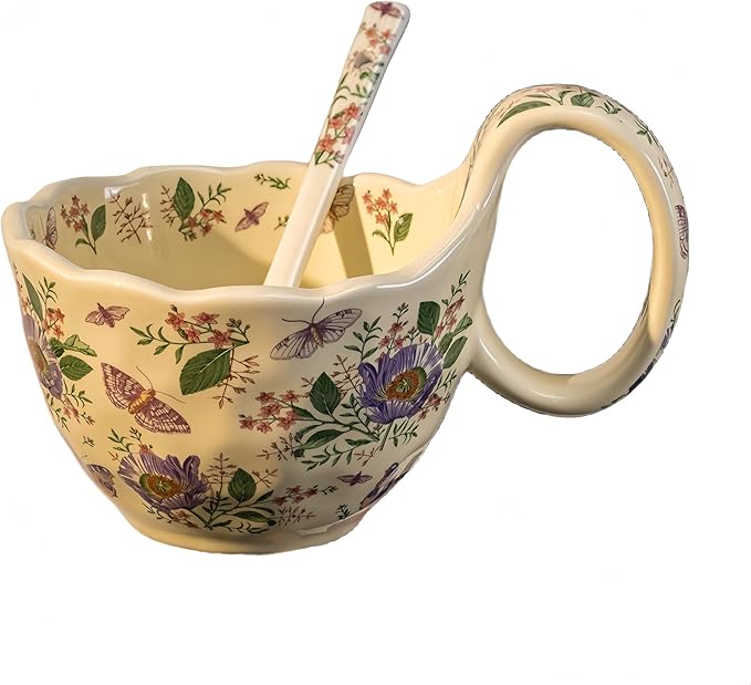 16.91oz/500ml Handpainted Soup Bowl with Handle,Ceramic Cereal Bowl Microwave & Dishwasher Safe,Loop Handle Bowl Great for Soup,Yogurt,Snack,Chip,Stew,Ice Cream,Coffee (Aster)