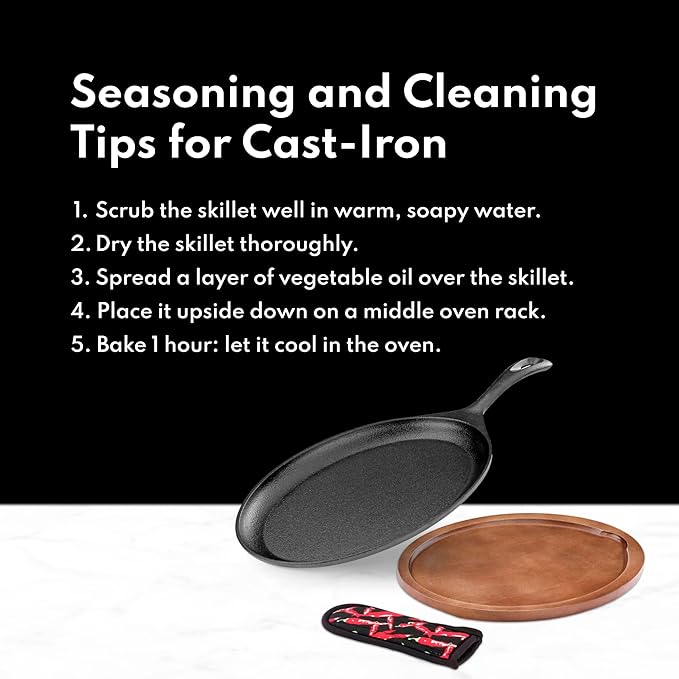 New Star Foodservice 1028614 Commerical Grade Cast Iron Fajita Set, Sizzling Skillet, Japanese Steak Plate