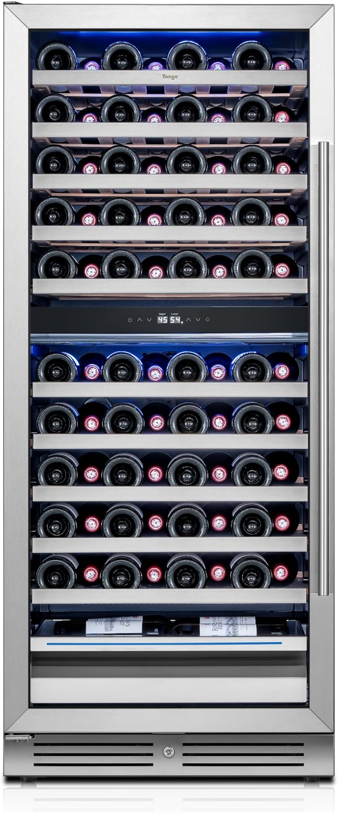 Yeego Wine Fridge – 24 Inch Dual Zone Wine Cooler Refrigerator 40°F-65°F, 304 Stainless Steel Glass Door Lock, Temp Memory Blue & White LED Built-in Fridge Left-hand Opening with Drawer (89 Bottle)
