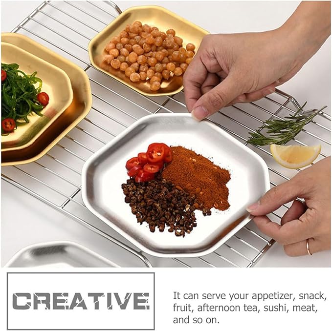 Uonlytech Stainless Steel Octagonal Snack Plates 12cm Gold Korean Style Pickle Dish Small Appetizer Plates 2pcs Set for Household Tableware and Party Serving