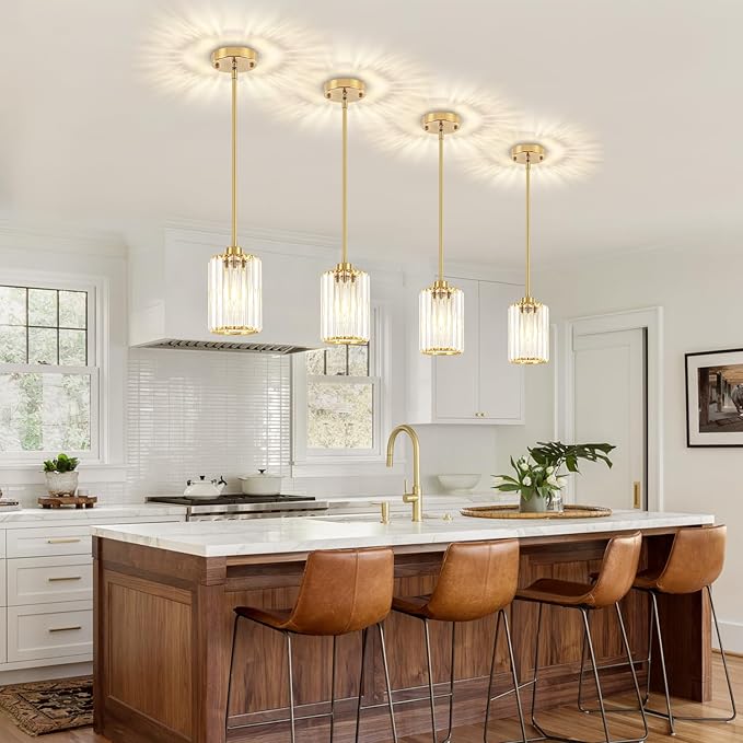 2 Pack Pendant Lights Kitchen Island, Modern Brushed Gold Pendant Light Fixtures, Kitchen Hanging Lights Mini Chandelier Crystal Pendant Lighting for Island Dining Room Hallway Bedroom